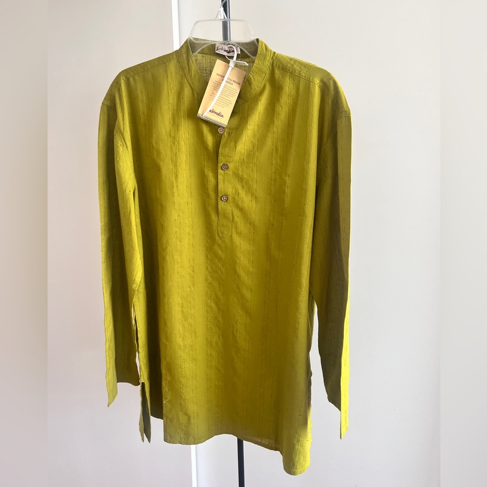 NWT FabIndia Men’s Kurta Lime 🍋‍🟩 Green Pistachio Zari Nehru Collar 100% Cotton